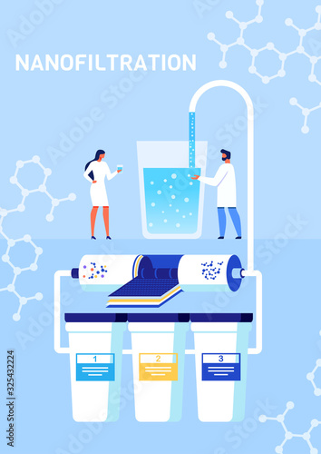 Nanofiltration and Classification Nano Particles Process Presentation. Cartoon Print Poster or Mobile Page. Huge Filtration Plant, Nanoliquid in Glass and Small Scientists. Vector Flat Illustration