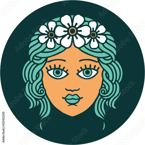tattoo style icon of female face with crown of flowers