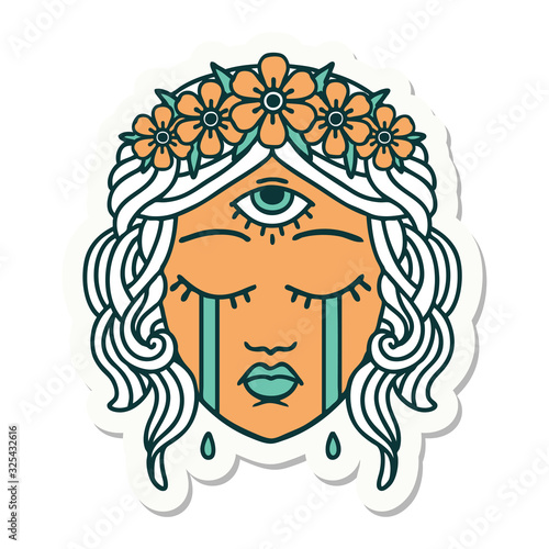 tattoo style sticker of female face with third eye crying