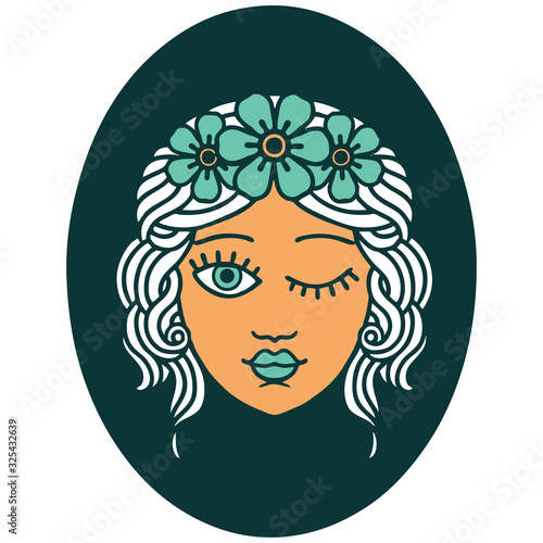 tattoo style icon of a maiden with crown of flowers winking