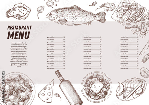 Food menu. Hand drawn sketch. Vector illustration. Restaurant menu design. Engraved style. Food and drink illustration.