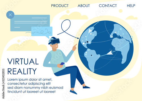 Landing Page Advertising People VR Communication. Flat Cartoon Man Character Wearing Virtual Headset Glasses and Chatting, Negotiating with Interlocutor around World. Vector Illustration