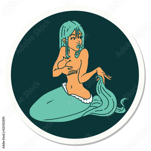 tattoo style sticker of a surprised mermaid
