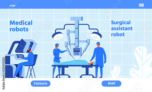 Landing Page Offer Medical Robotic Surgery. Surgical Assistant Robot. Automated Arm Assembly. Doctors Team in Operating Room. Grid Backdrop. Contact, Map, Logo. Vector Illustration Flat Cartoon Design