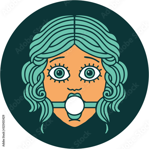 tattoo style icon of female face with ball gag