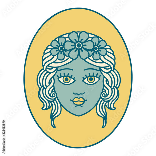 tattoo style icon of a maiden with crown of flowers