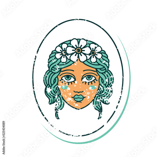 distressed sticker tattoo style icon of a maiden