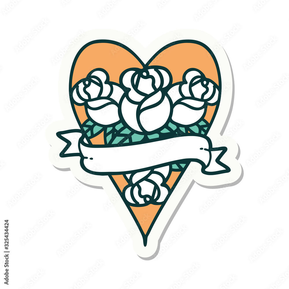 tattoo style sticker of a heart and banner with flowers tattoo style sticker of a heart and banner with flowers