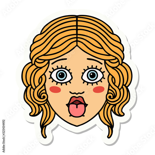 tattoo style sticker of female face sticking out tongue