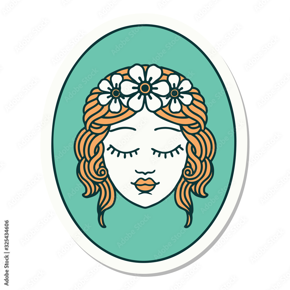 tattoo style sticker of a maiden with eyes closed tattoo style sticker of a maiden with eyes closed