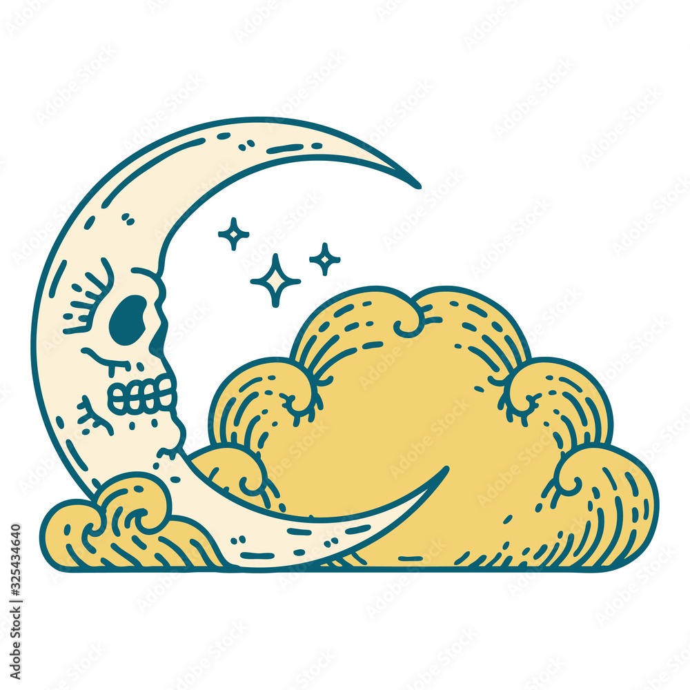 tattoo style icon of a skull crescent moon and clouds tattoo style icon of a skull crescent moon and clouds