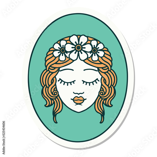 tattoo style sticker of a maiden with eyes closed