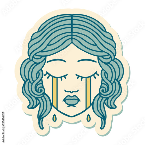 tattoo style sticker of female face crying