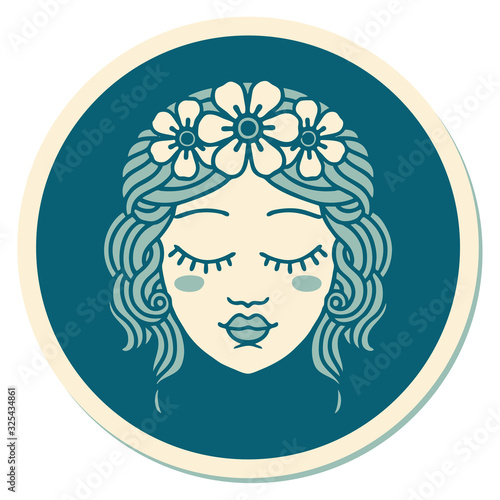 tattoo style sticker of female face with eyes closed