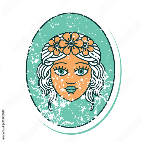 distressed sticker tattoo style icon of a maiden with crown of flowers