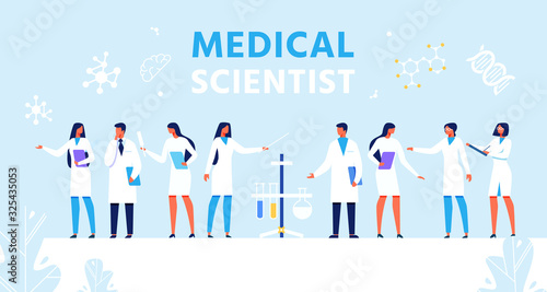 Medical Scientists Set Presentation Flat Banner. Cartoon Professional Clinical or Scientific Laboratory Staff, Doctor and Nurses in Uniform Standing Together. Vector Team Characters Flat Illustration
