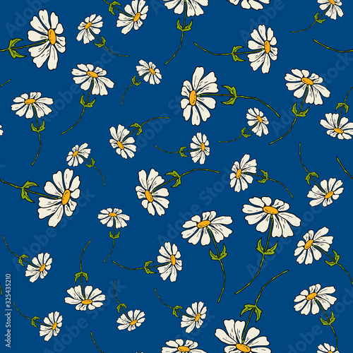 Trendy seamless vector pattern camomile field with blue background. Great for textiles, banners, scrapbooking, wallpapers, wrapping paper, notebook covers. Swatch included.