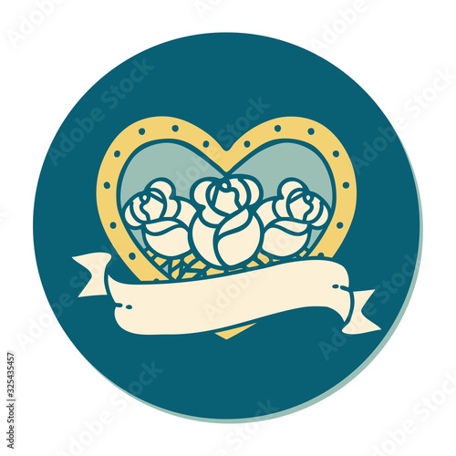 tattoo style sticker of a heart and banner with flowers