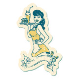 distressed sticker tattoo style icon of a pinup waitress girl with banner
