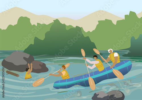 River Rescuers Team Cartoon Vector Illustration. Marine Search and Rescue, Coast Guard. Emergency Service, Dangerous Situation. Water Accident and First Aid. People Wearing Safety Vests, Paddling
