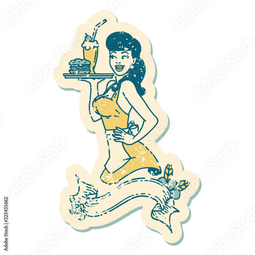 distressed sticker tattoo style icon of a pinup waitress girl with banner