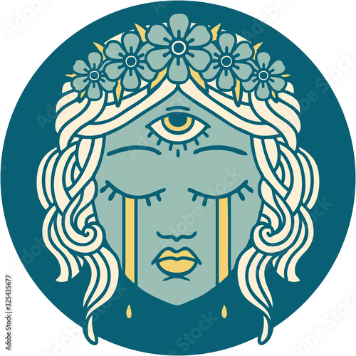 tattoo style icon of female face with third eye crying