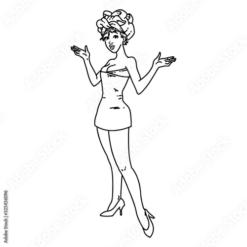 black line tattoo of a pinup girl in towels