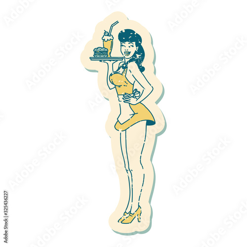 distressed sticker tattoo style icon of a pinup waitress girl