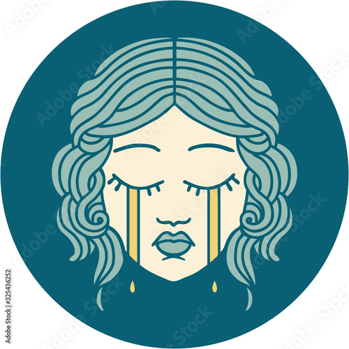 tattoo style icon of female face crying