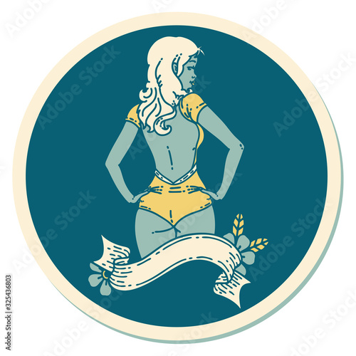 tattoo style sticker of a pinup swimsuit girl with banner