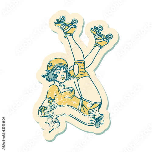 distressed sticker tattoo style icon of a pinup roller derby girl with banner Fototapeta