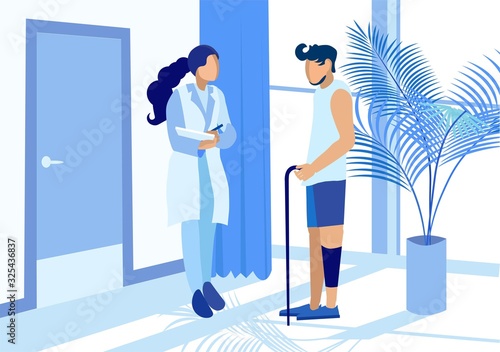 Female Doctor in Uniform Giving Advice Male Patient with Knee Injury. Physiotherapist and Patient Talking in Hospital Hallway. Medicine and Healthcare. Rehabilitation. Vector Flat Cartoon Illustration