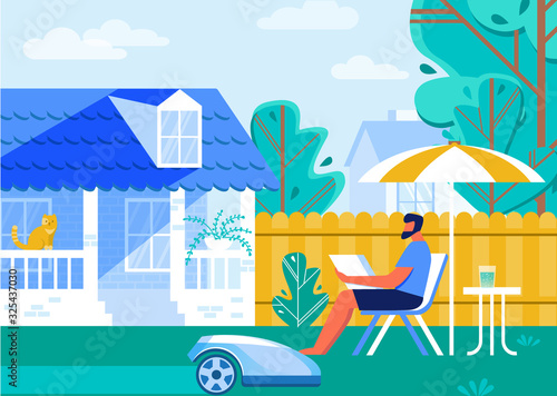Automated Lawnmower Cartoon Flat Vector Illustration. Man Sitting on Sunbed Resting in Backyard, Robot Mowing Grass. Male Character with Mirror under Umbrella from Sun. Cat on Fence.
