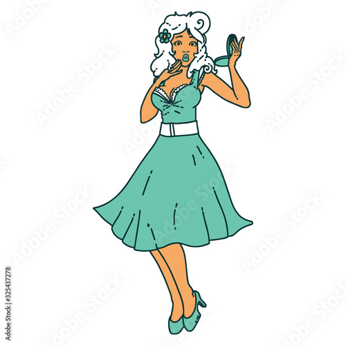 tattoo style icon  of a pinup surprised girl