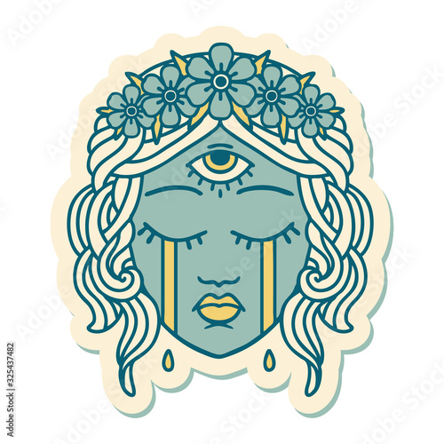 tattoo style sticker of female face with third eye crying