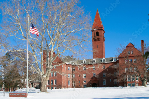 Wells College Tower and Flag in winter