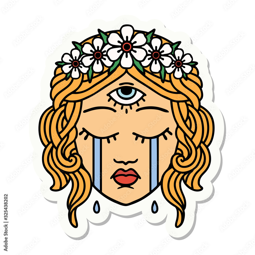 tattoo style sticker of female face with third eye crying tattoo style sticker of female face with third eye crying