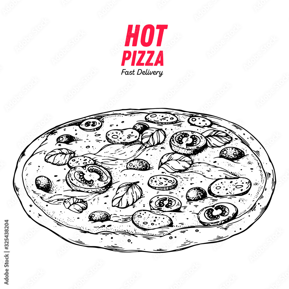 Italian Pizza hand drawn illustration. Pizza circle. Packaging design