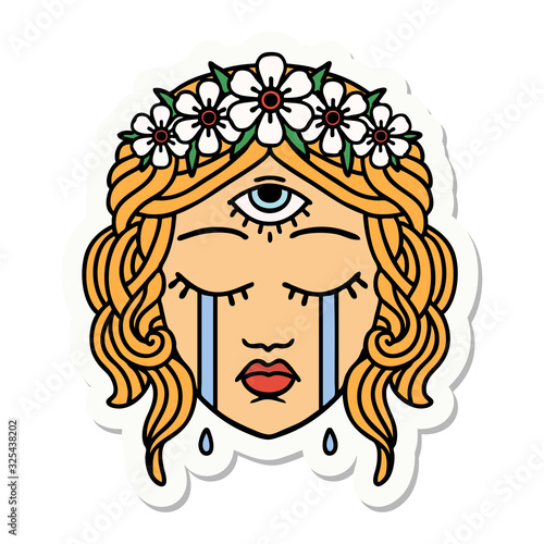 tattoo style sticker of female face with third eye crying