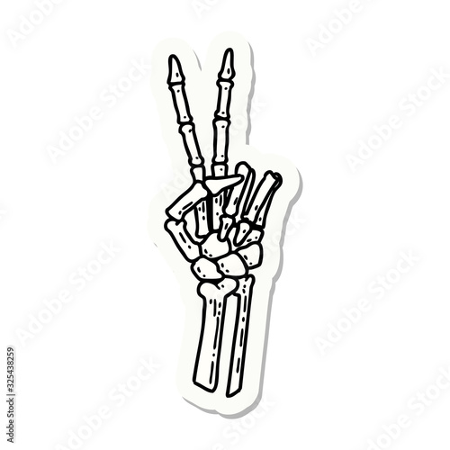 tattoo style sticker of a skeleton hand giving a peace sign