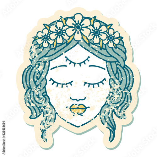 distressed sticker tattoo style icon of female face with third eye