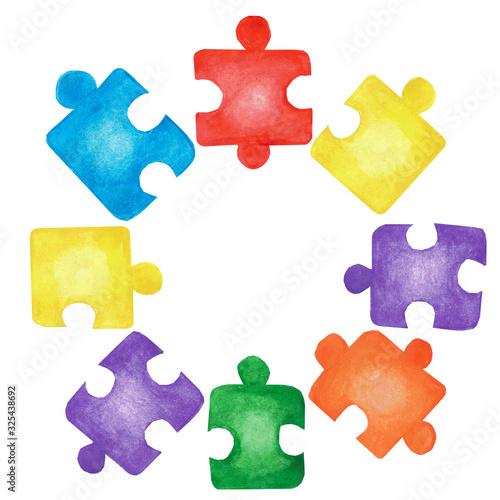 Autism awareness day at 2 April. Watercolor hand drawn illustration with colorful puzzles in round frame