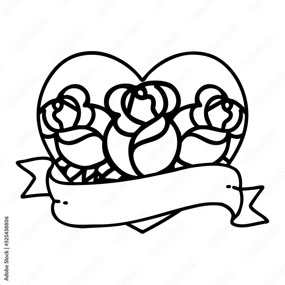 Obraz premium black line tattoo of a heart and banner with flowers