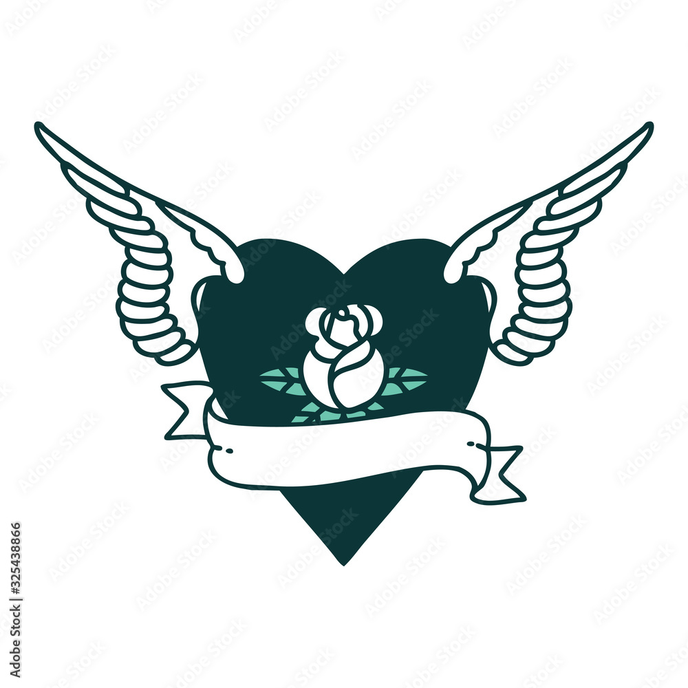 Fototapeta premium tattoo style icon of a heart with wings a rose and banner