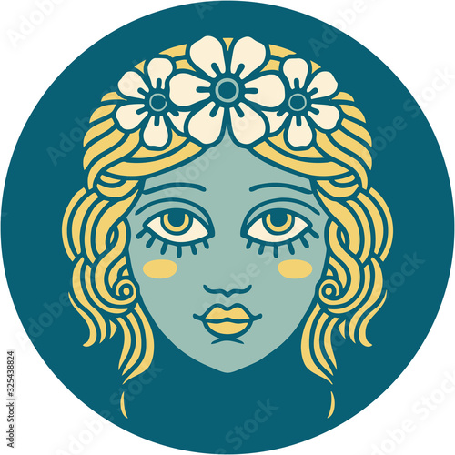 tattoo style icon of female face with crown of flowers