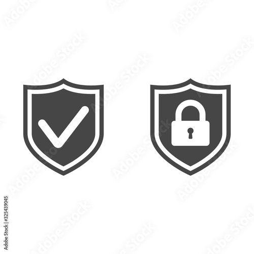 Shield with security and check mark icon isolated on white background. Set of icons. Vector illustration.