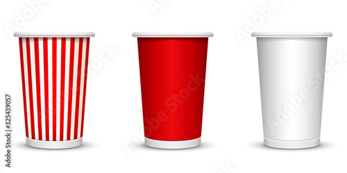 Cardboard cap for popcorn and coffee, in a striped red and white version. Vector illustration.