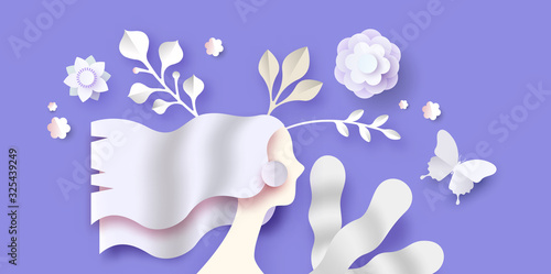 Papercut spring flower 3d cutout woman background