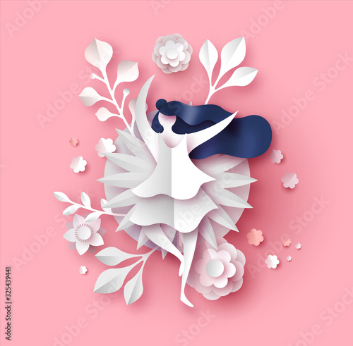 Papercut spring flower and woman pink background
