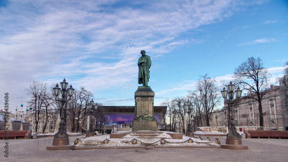 Monument to russian poet Alexander Pushkin on Pushkin Square timelapse , Moscow, Russia